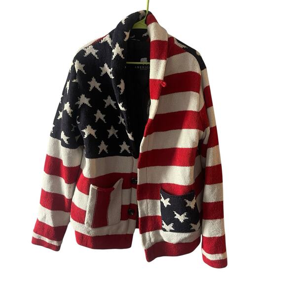 American Stitch Sweater Jacket Men’s L Flag Shawl Collar Knit Stars Stripes Y2K - Picture 1 of 4